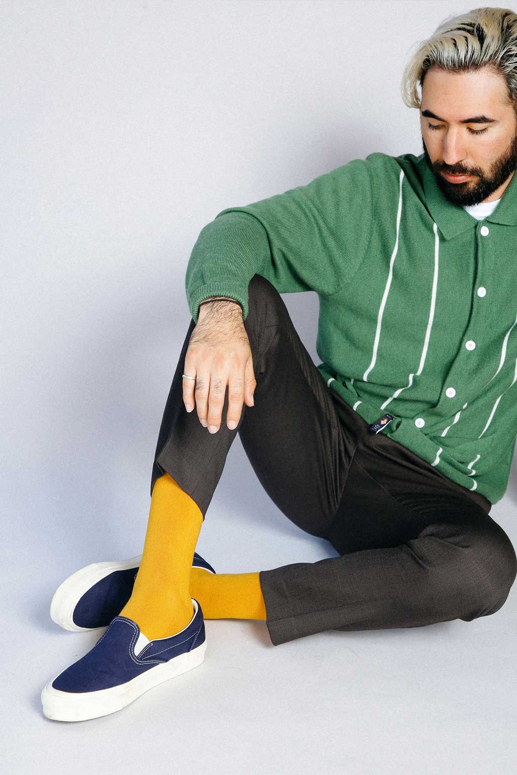 Man wearing Tailored Union yellow crew socks